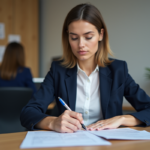Jeune femme en bureau remplissant un formulaire contact