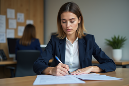 Jeune femme en bureau remplissant un formulaire contact