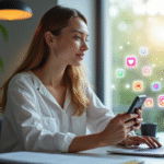 Jeune femme professionnelle utilisant son smartphone avec icônes sociales