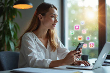 Jeune femme professionnelle utilisant son smartphone avec icônes sociales