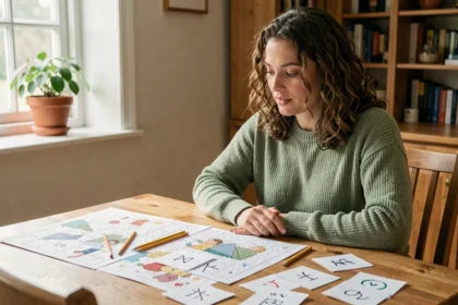 Femme résolvant des rébus imprimés sur une table en bois dans une cuisine chaleureuse