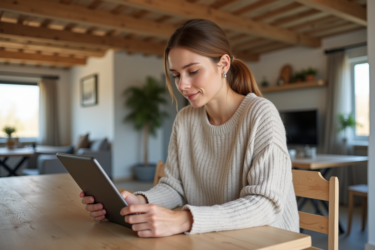 Jeune femme cherchant des annonces dans un chalet moderne