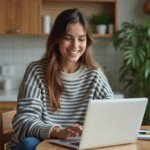 Jeune femme cherchant des locations vacances sur son ordinateur