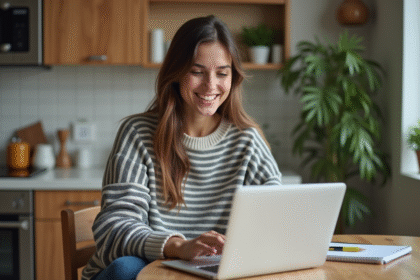 Jeune femme cherchant des locations vacances sur son ordinateur