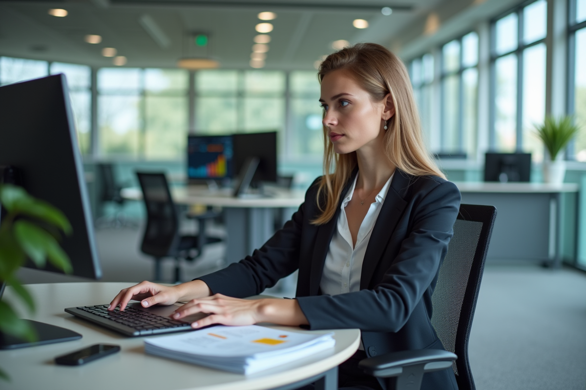 Jeune femme RH concentrée sur son ordinateur au bureau