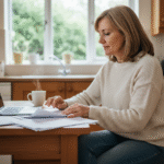 Femme d'âge moyen consulte documents d'assurance à la maison