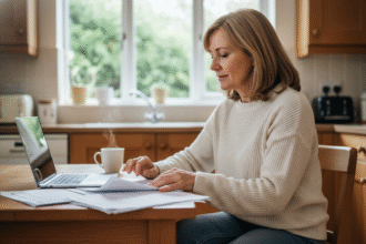 Femme d'âge moyen consulte documents d'assurance à la maison