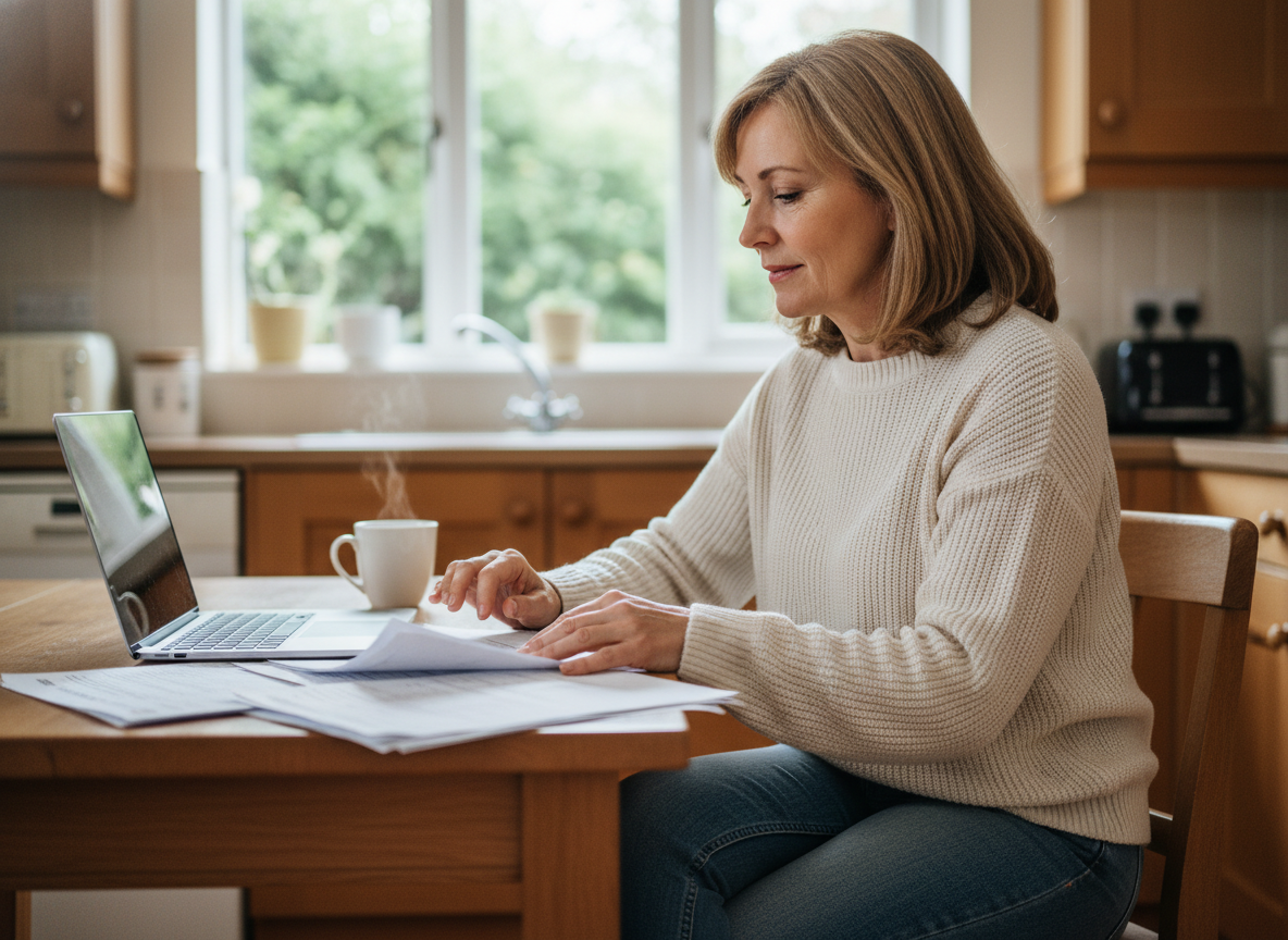 Femme d'âge moyen consulte documents d'assurance à la maison