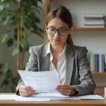 Femme d'affaires examinant documents de location à son bureau