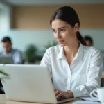 Femme RH en train de rédiger un email professionnel sur son ordinateur portable dans un bureau moderne