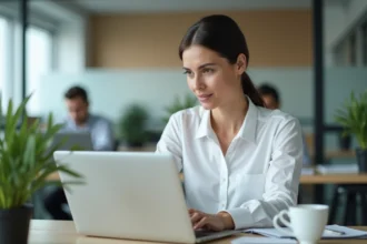 Femme RH en train de rédiger un email professionnel sur son ordinateur portable dans un bureau moderne