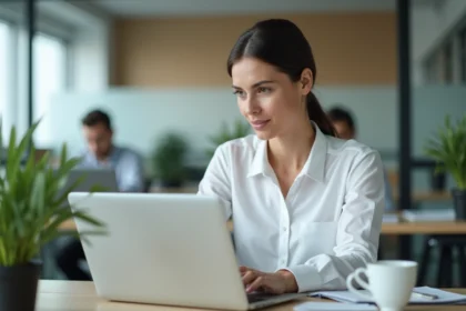Femme RH en train de rédiger un email professionnel sur son ordinateur portable dans un bureau moderne