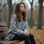 Femme seule assise sur un banc de parc en automne, regard mélancolique évoquant une amitié brisée