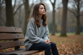 Femme seule assise sur un banc de parc en automne, regard mélancolique évoquant une amitié brisée