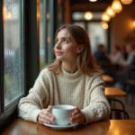 Femme pensive seule dans un café parisien tenant un café, regard tourné vers la fenêtre sous la pluie, exprimant la nostalgie et le manque silencieux