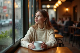 Femme pensive seule dans un café parisien tenant un café, regard tourné vers la fenêtre sous la pluie, exprimant la nostalgie et le manque silencieux