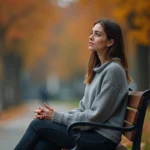 Femme seule sur un banc en automne, regard perdu dans le vague, illustrant la douleur de la séparation des flammes jumelles
