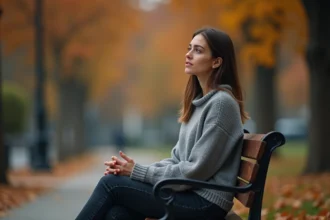 Femme seule sur un banc en automne, regard perdu dans le vague, illustrant la douleur de la séparation des flammes jumelles