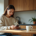 Jeune femme dans la cuisine regarde son smartphone