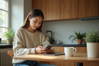 Jeune femme dans la cuisine regarde son smartphone
