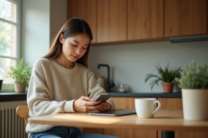 Jeune femme dans la cuisine regarde son smartphone