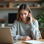 Jeune femme parlant au téléphone dans un appartement cosy