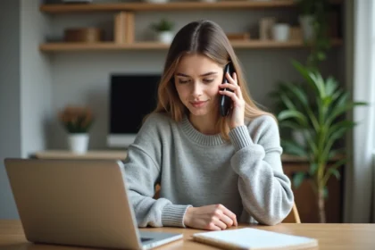 Jeune femme parlant au téléphone dans un appartement cosy