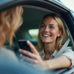 Femme souriante dans une voiture moderne avec smartphone