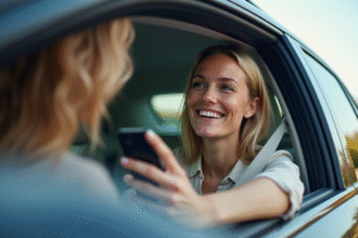 Femme souriante dans une voiture moderne avec smartphone