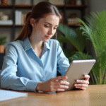 Jeune femme compare deux tablettes Android dans un bureau lumineux