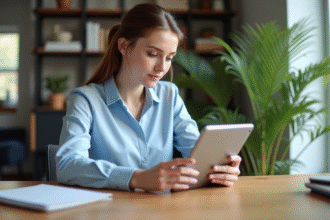 Jeune femme compare deux tablettes Android dans un bureau lumineux