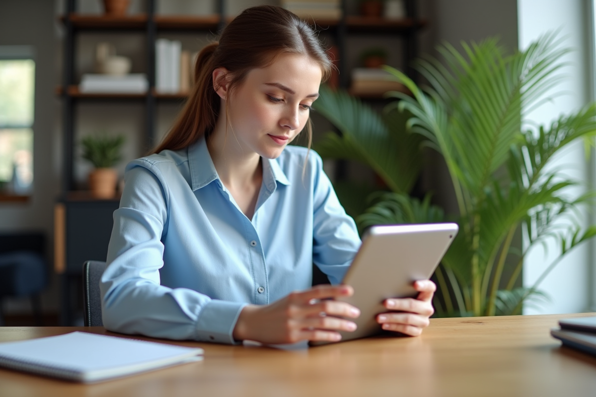 Jeune femme compare deux tablettes Android dans un bureau lumineux