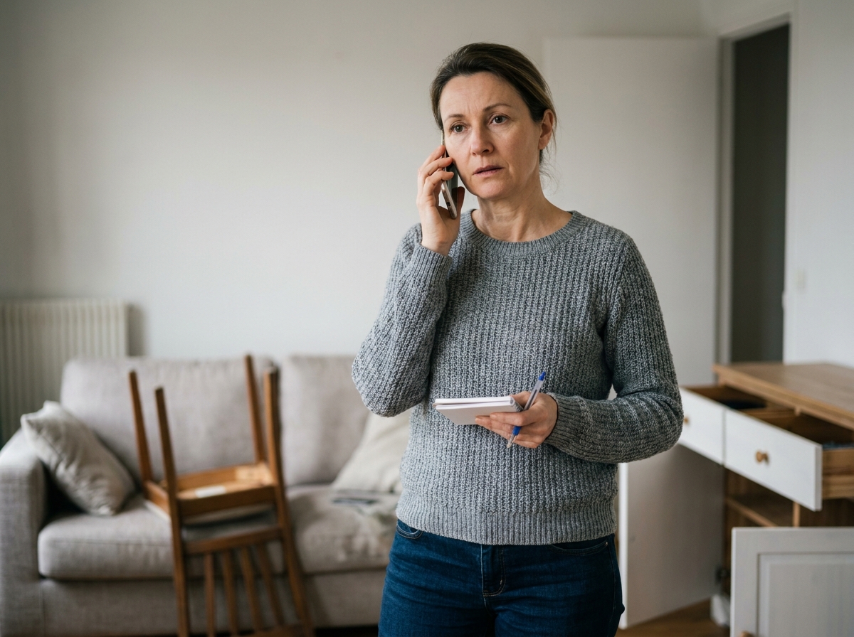Femme appelant son assurance ou la police après un cambriolage à son domicile, prenant des notes dans son appartement