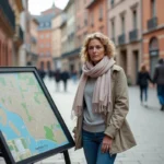 Femme regardant la carte dans la place centrale de Toulouse