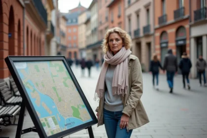 Femme regardant la carte dans la place centrale de Toulouse