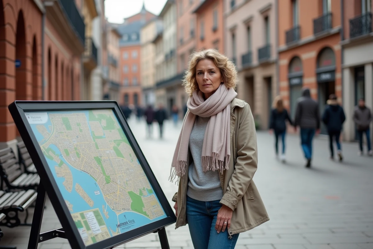 Femme regardant la carte dans la place centrale de Toulouse