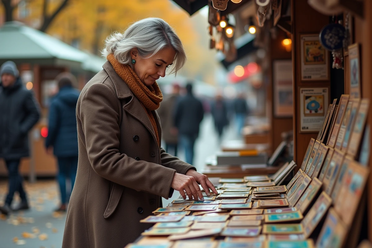 Femme regarde des cartes Pokémon vintage au marché