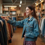 Femme souriante en friperie portant un jean vintage