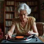 Femme d'âge mûr posant un disque vinyle sur une platine dans un appartement parisien vintage années 60