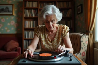 Femme d'âge mûr posant un disque vinyle sur une platine dans un appartement parisien vintage années 60