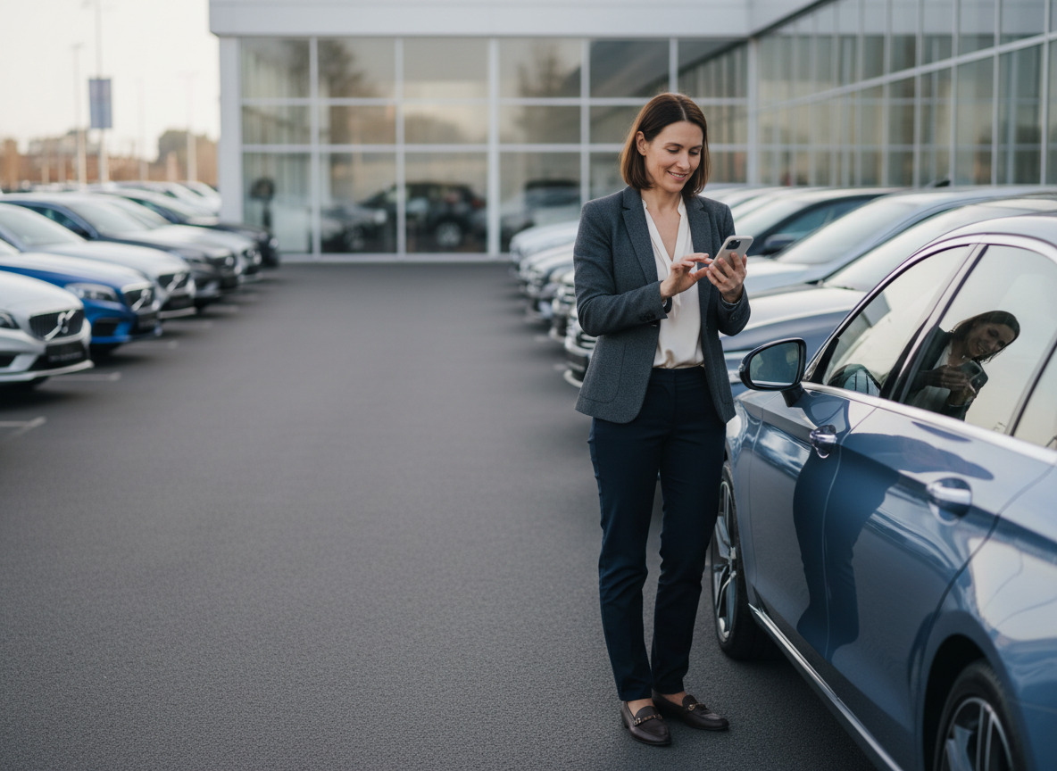 Femme d affaires à côté de sa voiture dans un concessionnaire