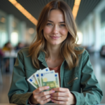 Femme voyageuse comptant des euros à l'aéroport