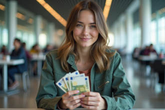 Femme voyageuse comptant des euros à l'aéroport