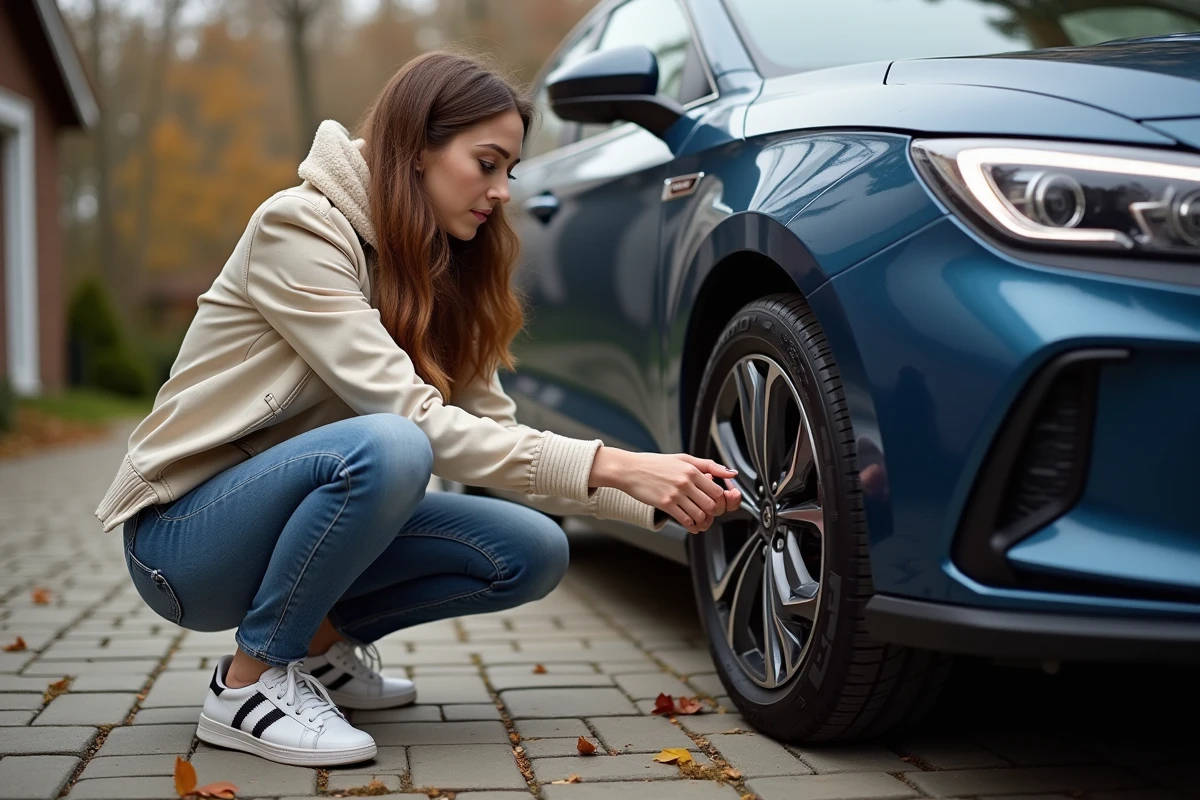 Jeune femme examinant un disque de frein sur une voiture