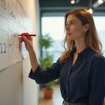 Une femme en bureau marque les jours fériés de mai 2026 sur un calendrier mural pour planifier ses congés