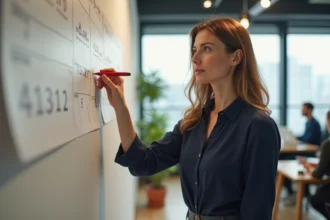 Une femme en bureau marque les jours fériés de mai 2026 sur un calendrier mural pour planifier ses congés