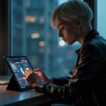 Jeune femme cyberpunk avec tablette dans un appartement hightech