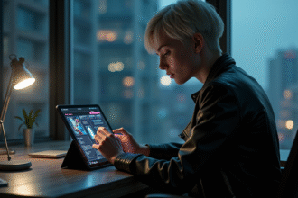 Jeune femme cyberpunk avec tablette dans un appartement hightech