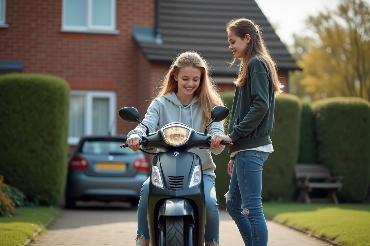 Fille sur scooter devant maison avec amie