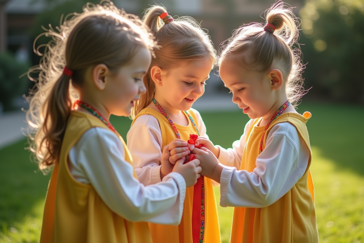 Freres faisant un rituel de nouage dans le jardin